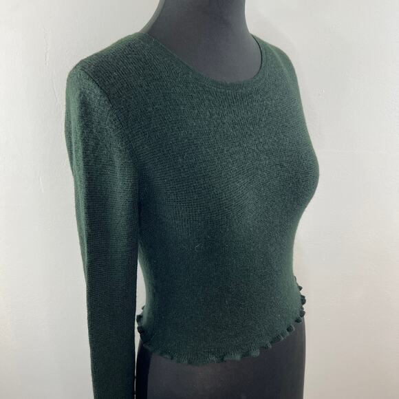 Something Navy Dark Green 100% Wool Lettuce Hem Crop Sweater Knit Top Crew L - Picture 4 of 7